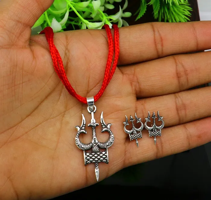 TRIBAL ORNAMENTS Necklaces Idol lord Shiva trident damaru shape 925 sterling silver customized designer pendant with stud gorgeous stylish best gifting pendant ssp359