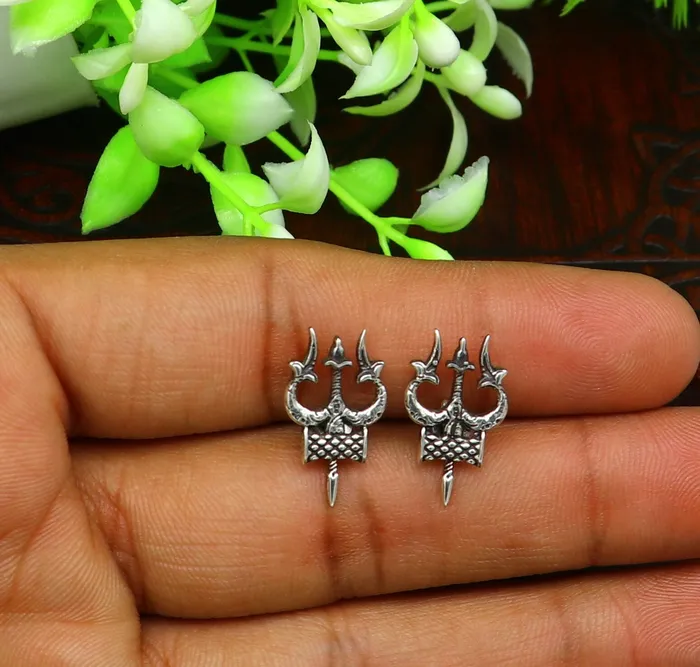 TRIBAL ORNAMENTS Necklaces Idol lord Shiva trident damaru shape 925 sterling silver customized designer pendant with stud gorgeous stylish best gifting pendant ssp359