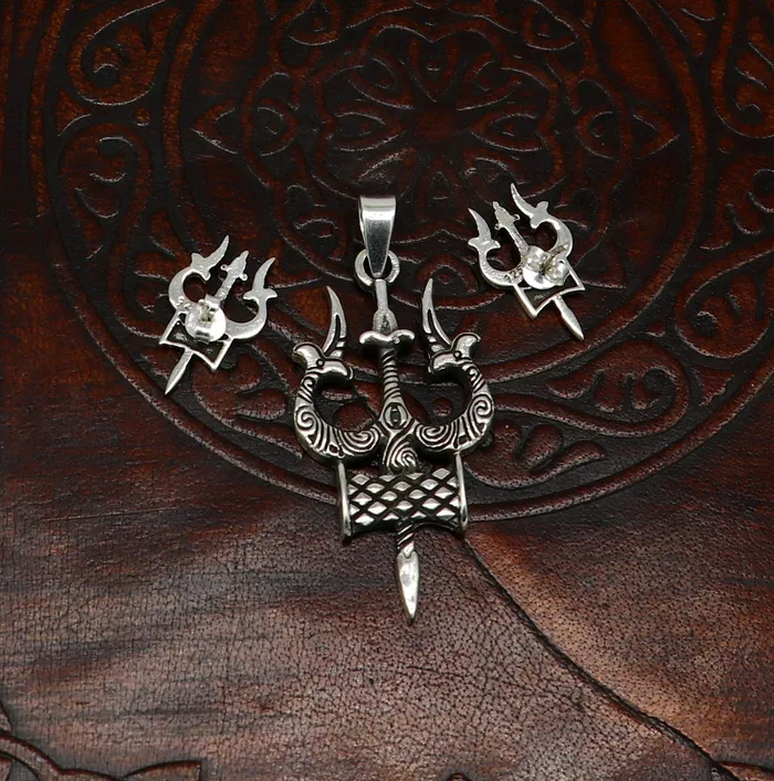 TRIBAL ORNAMENTS Necklaces Idol lord Shiva trident damaru shape 925 sterling silver customized designer pendant with stud gorgeous stylish best gifting pendant ssp359
