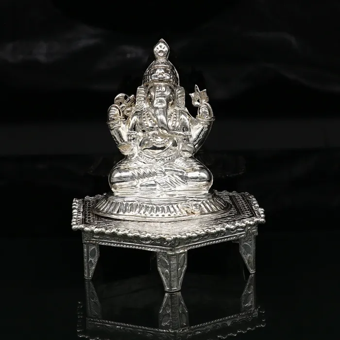 TRIBAL ORNAMENTS Necklaces Lord Ganesha With Stand or Bazot fabulous Sterling silver ganesha statue figurine for home temple diwali puja article utensils su376