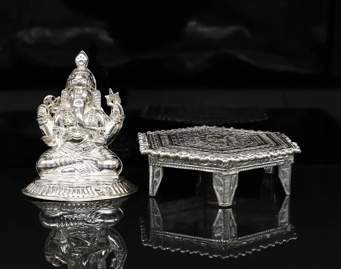 TRIBAL ORNAMENTS Necklaces Lord Ganesha With Stand or Bazot fabulous Sterling silver ganesha statue figurine for home temple diwali puja article utensils su376