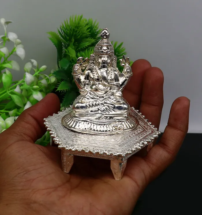 TRIBAL ORNAMENTS Necklaces Lord Ganesha With Stand or Bazot fabulous Sterling silver ganesha statue figurine for home temple diwali puja article utensils su376