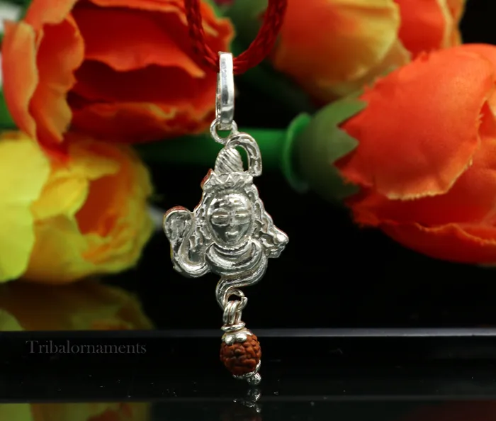 TRIBAL ORNAMENTS Necklaces Solid sterling silver amazing designer Hindu idol Lord Shiva pendant with hanging rudraksha excellent locket pendant custom jewelry ssp1121