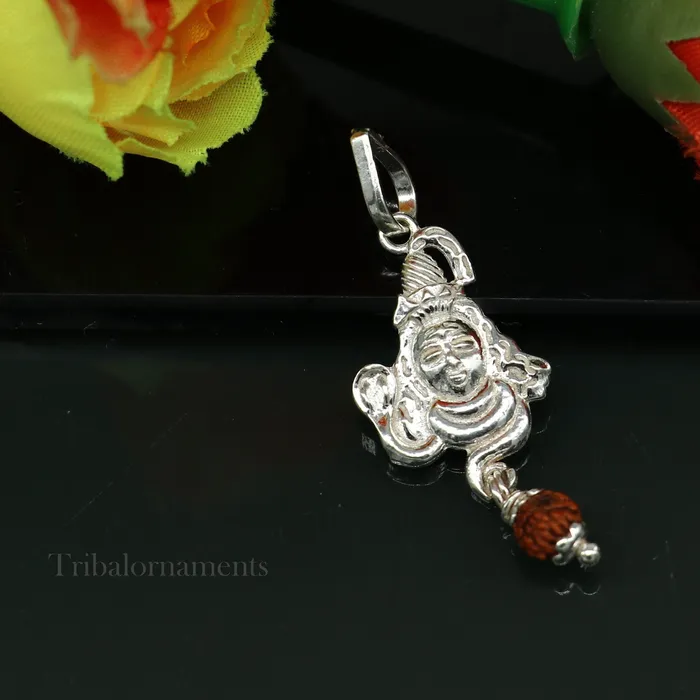 TRIBAL ORNAMENTS Necklaces Solid sterling silver amazing designer Hindu idol Lord Shiva pendant with hanging rudraksha excellent locket pendant custom jewelry ssp1121