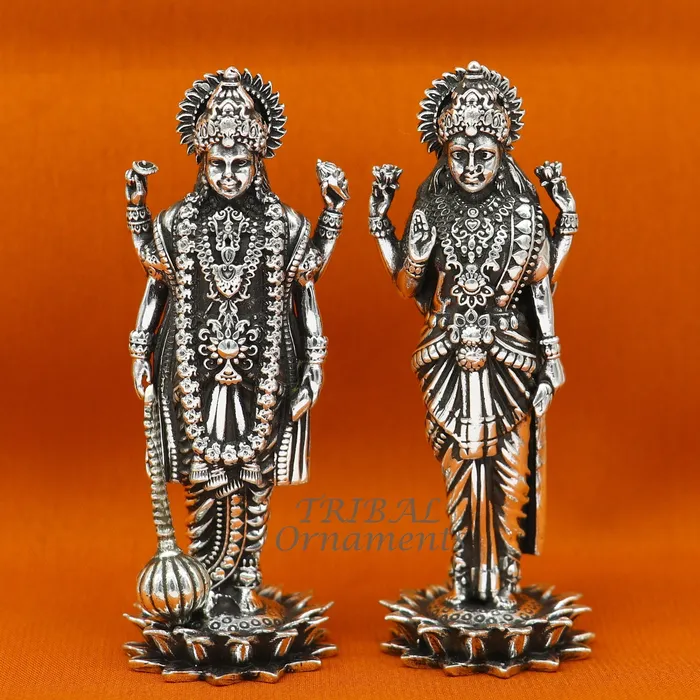 TRIBAL ORNAMENTS Rings 925 Sterling silver handmade lord Laxmi Narayanan Goddess Laxmi and Vishnu standing Statue figurine puja articles art574