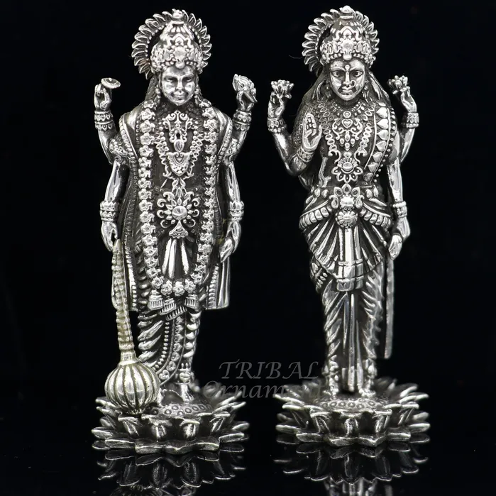 TRIBAL ORNAMENTS Rings 925 Sterling silver handmade lord Laxmi Narayanan Goddess Laxmi and Vishnu standing Statue figurine puja articles art574