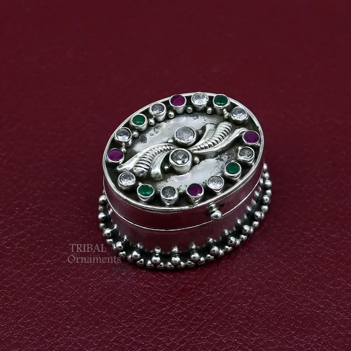 TRIBAL ORNAMENTS Rings 925 sterling silver unique design stone work trinket box kajal eyeliner box Sindur box brides gift silver box stb752 TRIBAL ORNAMENTS Rings 925 sterling silver unique design stone work trinket box kajal eyeliner box Sindur box brides gift silver box stb752