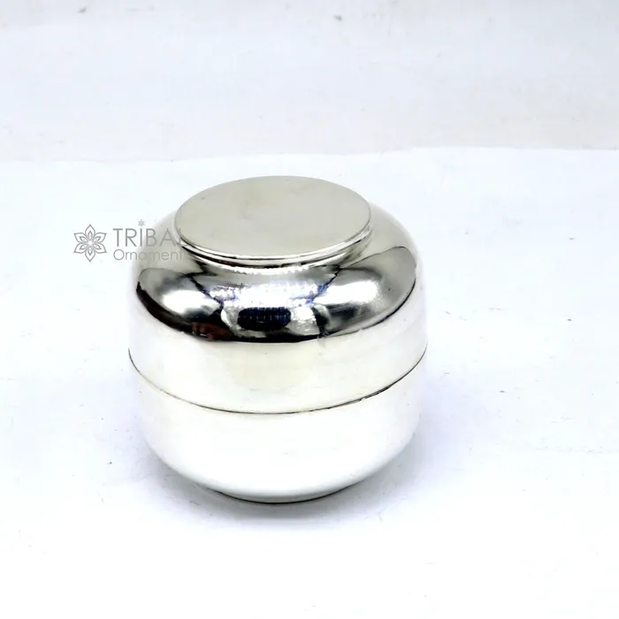 TRIBAL ORNAMENTS Rings 999 fine silver handmade shiny small Prasadam box trinket box container box unique puja box utensils solid silver article stb842