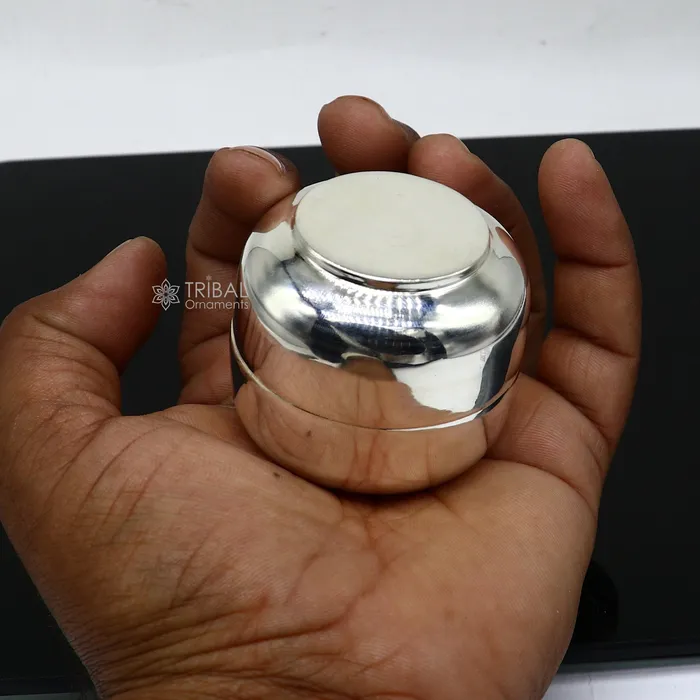 TRIBAL ORNAMENTS Rings 999 fine silver handmade shiny small Prasadam box trinket box container box unique puja box utensils solid silver article stb842