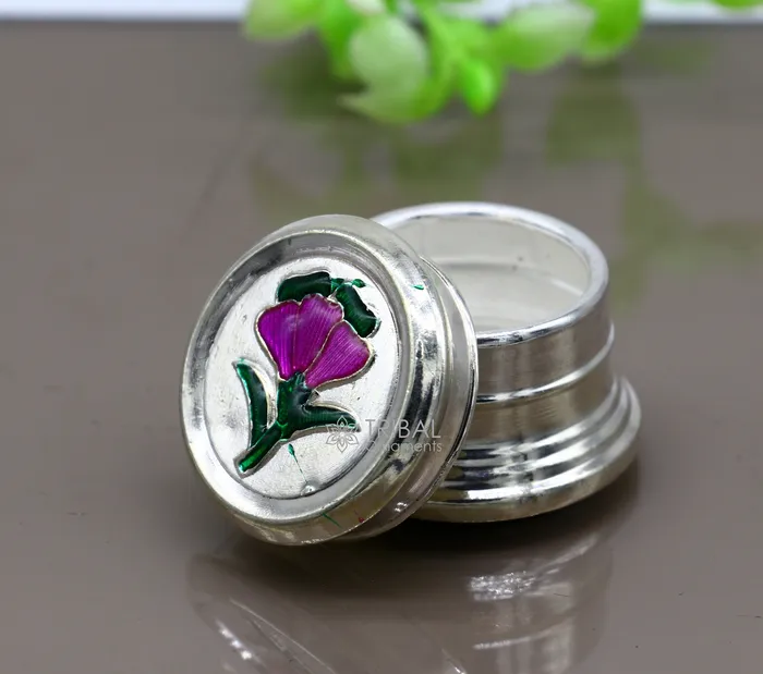 TRIBAL ORNAMENTS Rings 999 pure silver trinket box kajal box brides round shape box flower design box container tobacco box eyeliner Sindur box gifting stb800