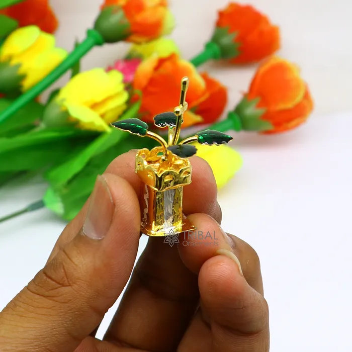 TRIBAL ORNAMENTS Rings Gold polished over 925 sterling silver handmade mini tulsi plant basil rosary plant for puja article silver worshiping article su1140 TRIBAL ORNAMENTS Rings Gold polished over 925 sterling silver handmade mini tulsi plant basil rosary plant for puja article silver worshiping article su1140