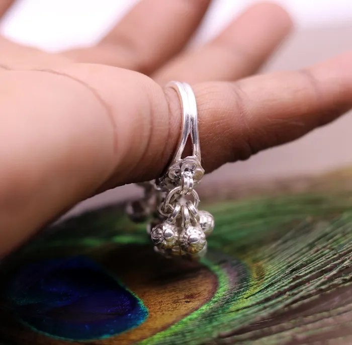 TRIBAL ORNAMENTS Rings Vintage antique style 925 sterling silver handmade gorgeous charm ring with fabulous noisy bells excellent belly dance jewelry india sr204