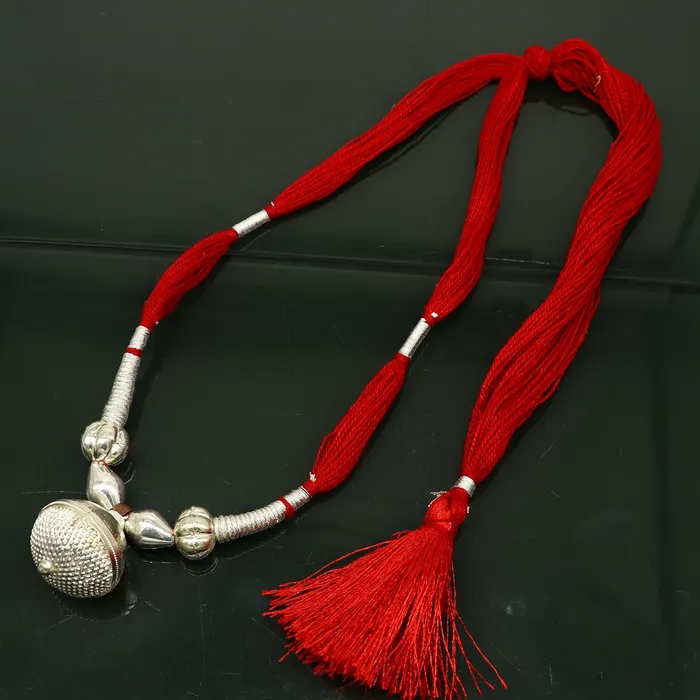 TRIBAL ORNAMENTS Vintage traditional stylish sterling silver beads with red thread charm necklace wedding choker tribal brides adjustable jewelry set187 Necklaces