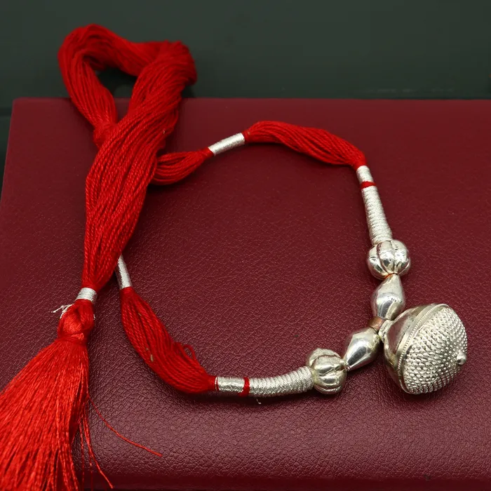 TRIBAL ORNAMENTS Vintage traditional stylish sterling silver beads with red thread charm necklace wedding choker tribal brides adjustable jewelry set187 Necklaces