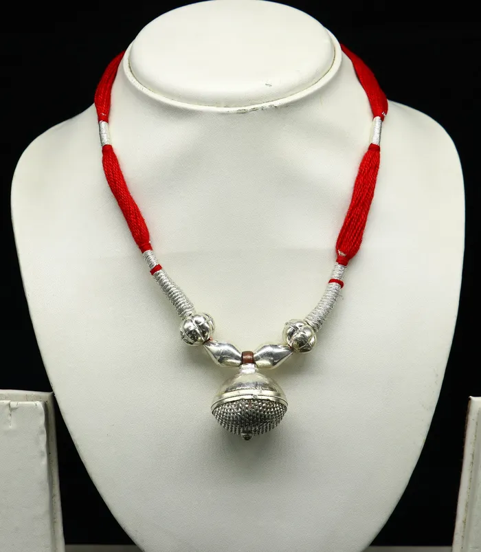 TRIBAL ORNAMENTS Vintage traditional stylish sterling silver beads with red thread charm necklace wedding choker tribal brides adjustable jewelry set187 Necklaces