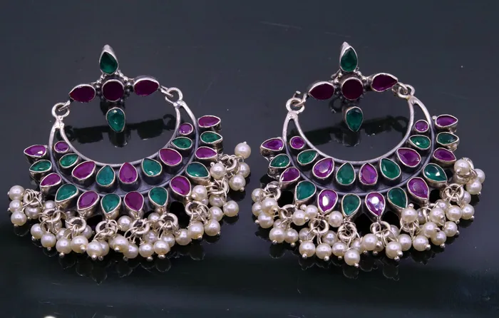 Vintage antique design 925 sterling silver handmade stud earrings drop dangle charm earring excellent hanging pearl belly dance jewelry s717 TRIBAL ORNAMENTS Earrings