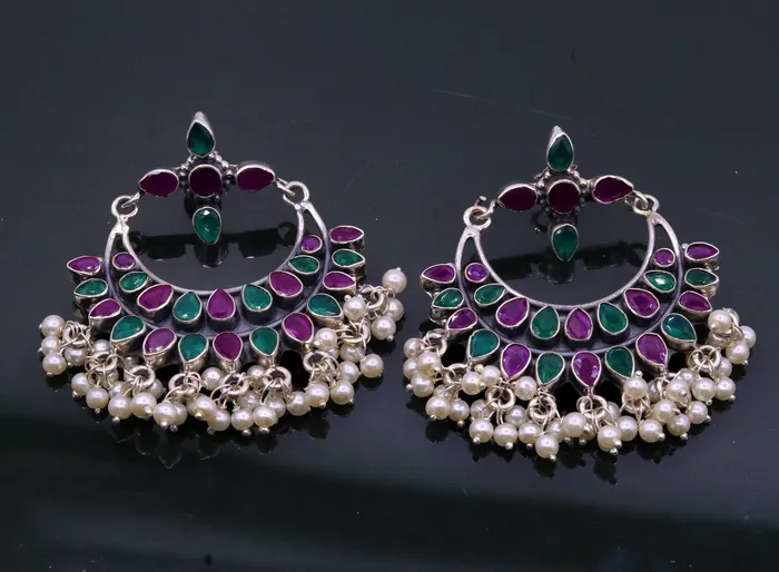 Vintage antique design 925 sterling silver handmade stud earrings drop dangle charm earring excellent hanging pearl belly dance jewelry s717 TRIBAL ORNAMENTS Earrings