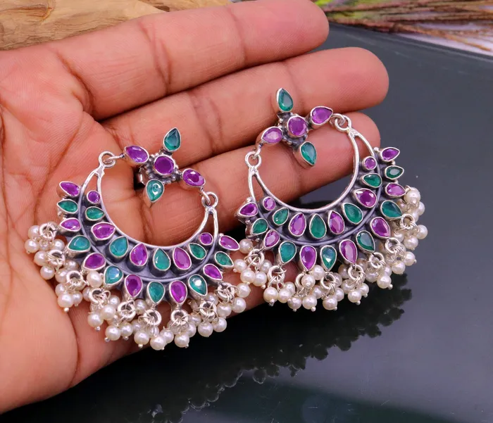 Vintage antique design 925 sterling silver handmade stud earrings drop dangle charm earring excellent hanging pearl belly dance jewelry s717 TRIBAL ORNAMENTS Earrings