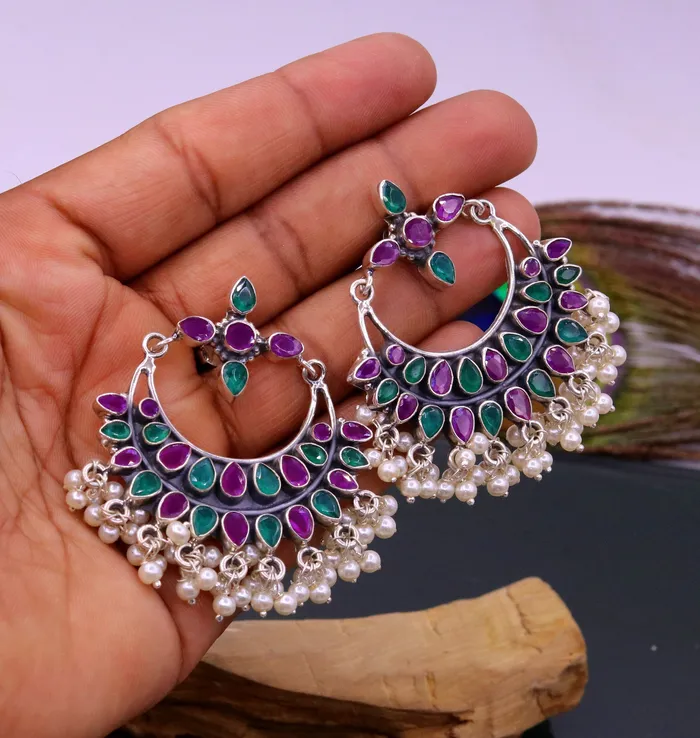 Vintage antique design 925 sterling silver handmade stud earrings drop dangle charm earring excellent hanging pearl belly dance jewelry s717 TRIBAL ORNAMENTS Earrings