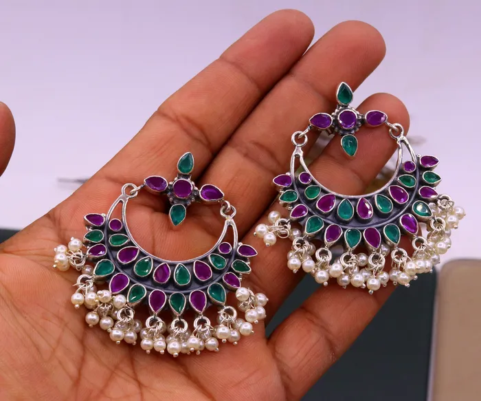 Vintage antique design 925 sterling silver handmade stud earrings drop dangle charm earring excellent hanging pearl belly dance jewelry s717 TRIBAL ORNAMENTS Earrings
