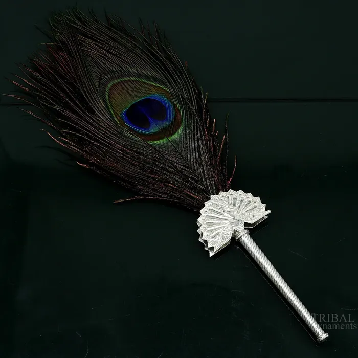 Vintage antique style handmade Mor chhadi with peacock feather best lord krishna laddu gopal gift silver pankhi silver mor chadi su611 TRIBAL ORNAMENTS Necklaces
