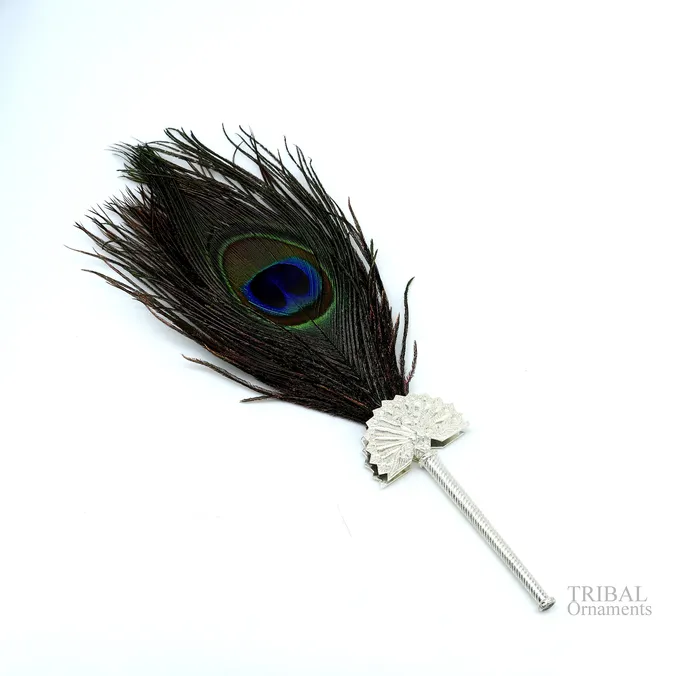 Vintage antique style handmade Mor chhadi with peacock feather best lord krishna laddu gopal gift silver pankhi silver mor chadi su611 TRIBAL ORNAMENTS Necklaces