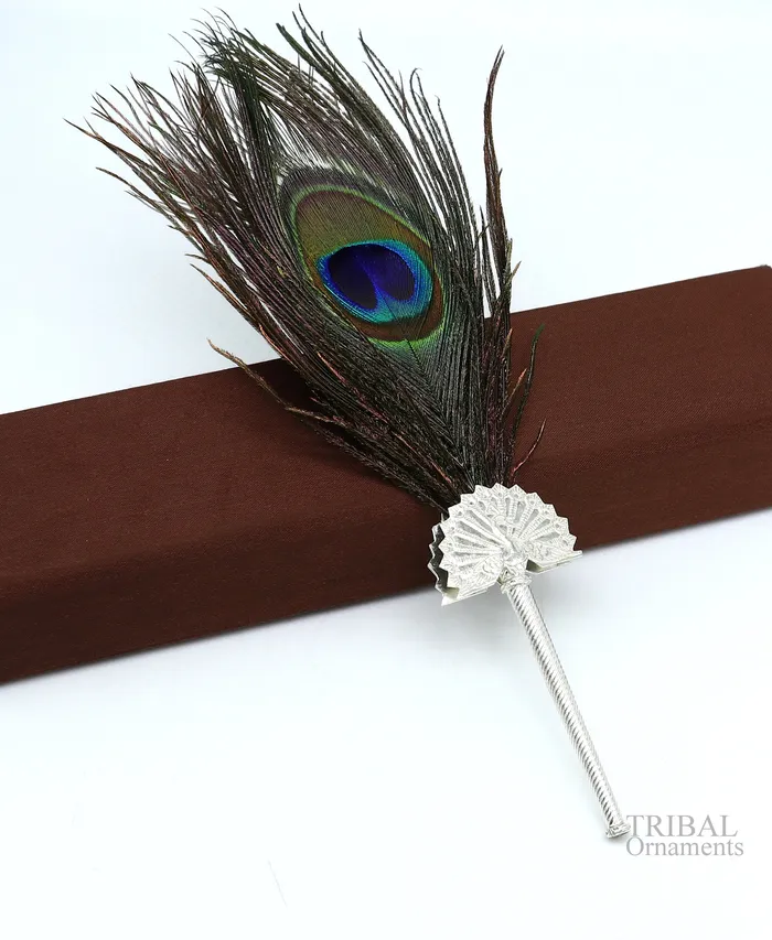 Vintage antique style handmade Mor chhadi with peacock feather best lord krishna laddu gopal gift silver pankhi silver mor chadi su611 TRIBAL ORNAMENTS Necklaces