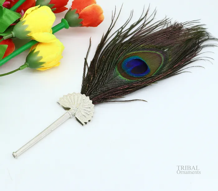 Vintage antique style handmade Mor chhadi with peacock feather best lord krishna laddu gopal gift silver pankhi silver mor chadi su611 TRIBAL ORNAMENTS Necklaces