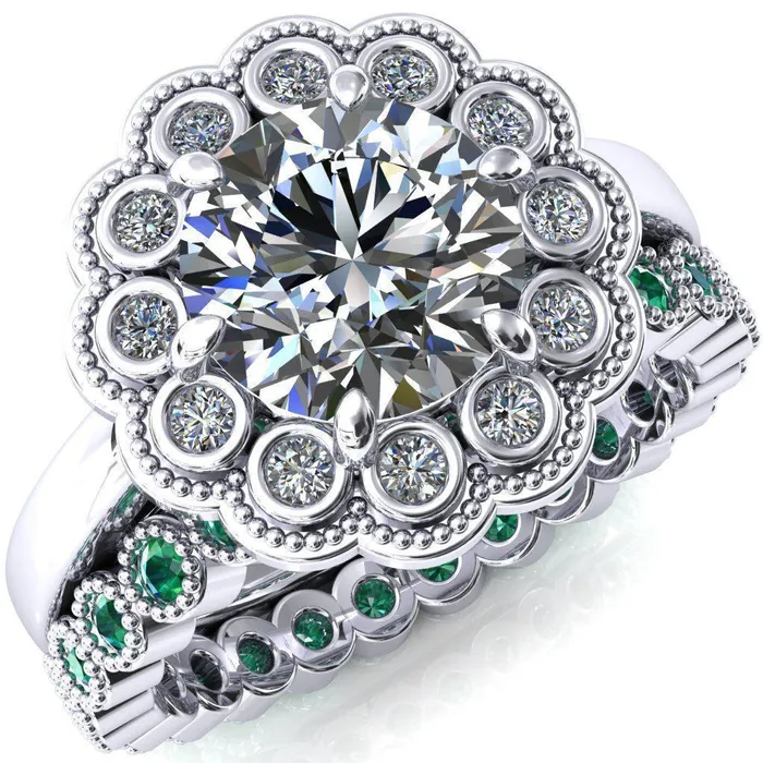 Zinnia Round Center Stone 6 Prongs Milgrain Halo Accent Diamonds Emerald Ring Fire Brilliance Rings Zinnia Round Center Stone 6 Prongs Milgrain Halo Accent Diamonds Emerald Ring Fire Brilliance Rings