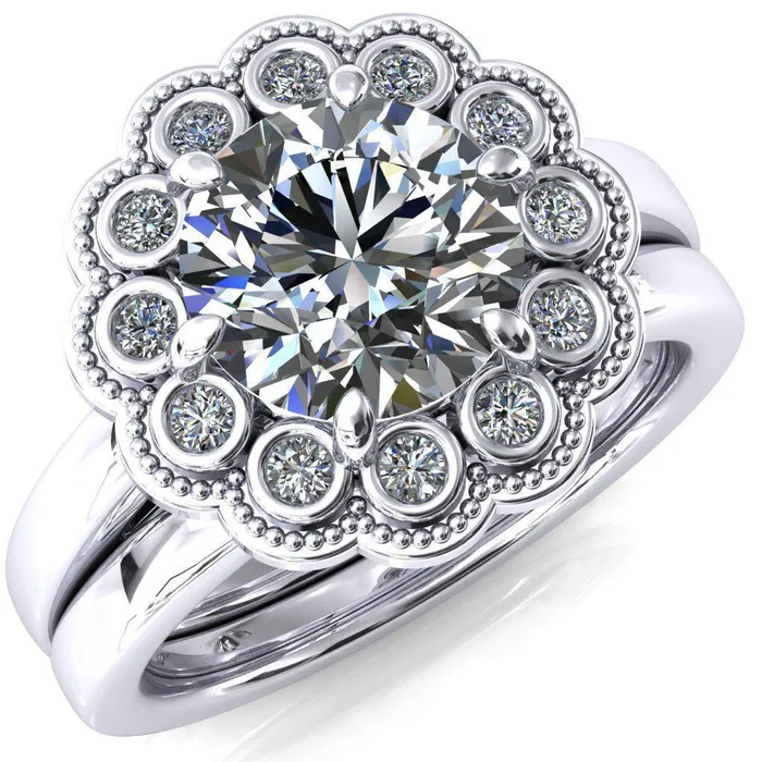 Zinnia Round Center Stone 6 Prongs Milgrain Halo Accent Diamonds Emerald Ring Fire Brilliance Rings