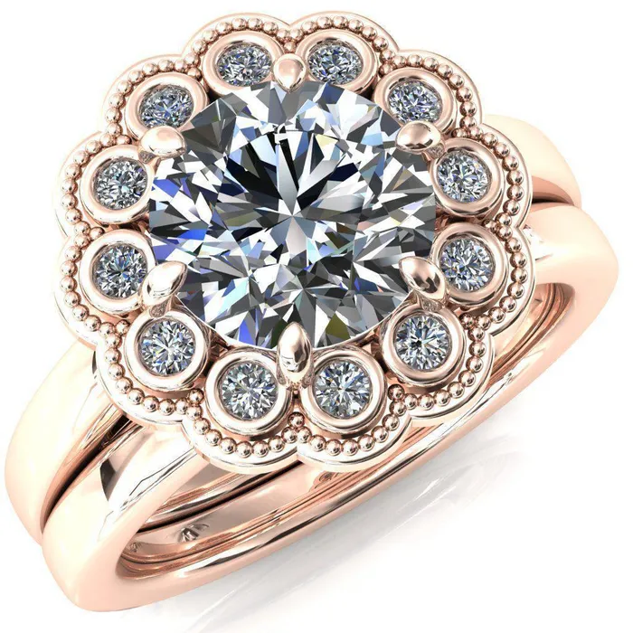 Zinnia Round Center Stone 6 Prongs Milgrain Halo Accent Diamonds Emerald Ring Fire Brilliance Rings