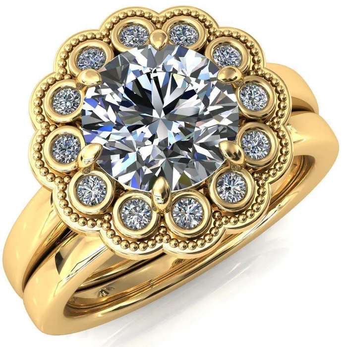 Zinnia Round Center Stone 6 Prongs Milgrain Halo Accent Diamonds Emerald Ring Fire Brilliance Rings