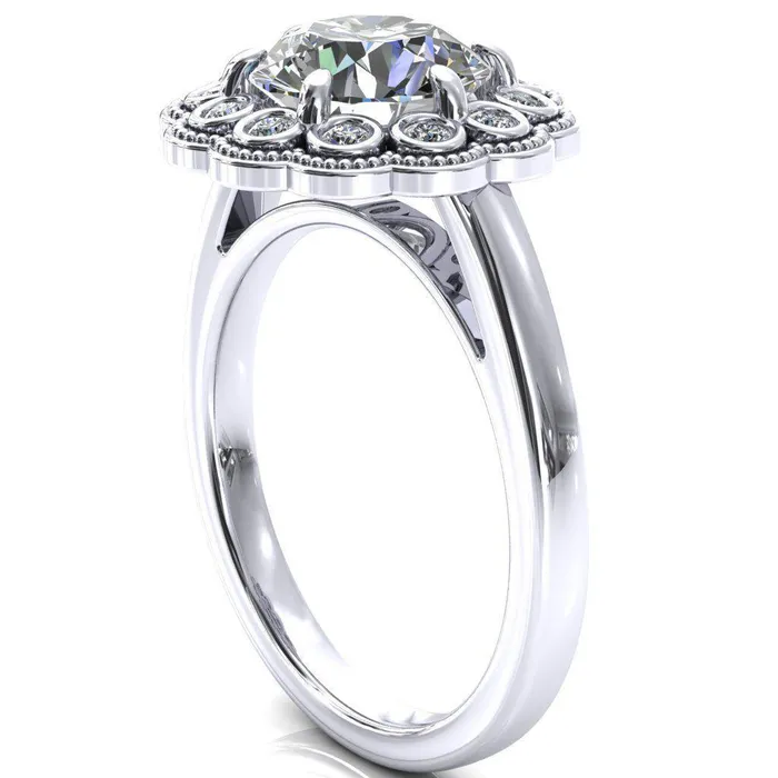 Zinnia Round Center Stone 6 Prongs Milgrain Halo Accent Diamonds Emerald Ring Fire Brilliance Rings