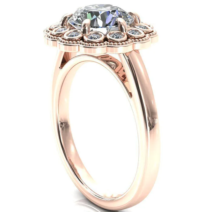 Zinnia Round Center Stone 6 Prongs Milgrain Halo Accent Diamonds Emerald Ring Fire Brilliance Rings