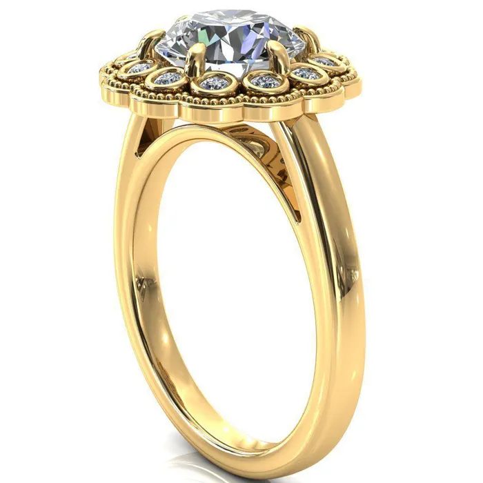 Zinnia Round Center Stone 6 Prongs Milgrain Halo Accent Diamonds Emerald Ring Fire Brilliance Rings
