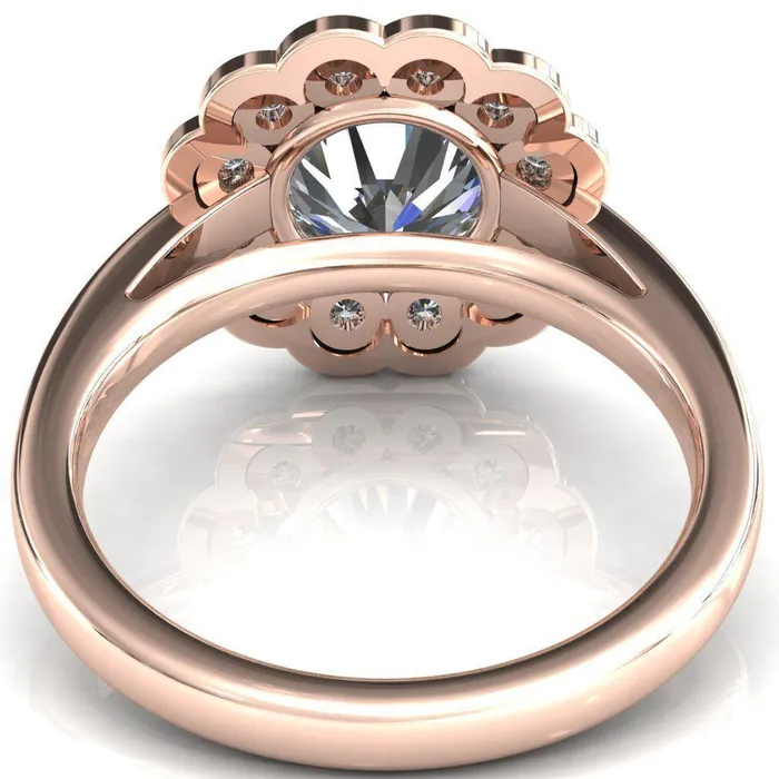 Zinnia Round Center Stone 6 Prongs Milgrain Halo Accent Diamonds Emerald Ring Fire Brilliance Rings