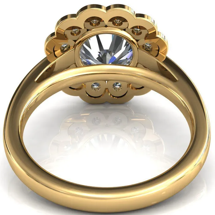 Zinnia Round Center Stone 6 Prongs Milgrain Halo Accent Diamonds Emerald Ring Fire Brilliance Rings