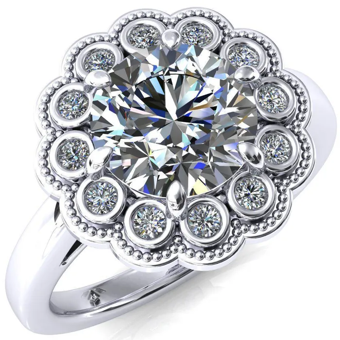 Zinnia Round Center Stone 6 Prongs Milgrain Halo Accent Diamonds Emerald Ring Fire Brilliance Rings
