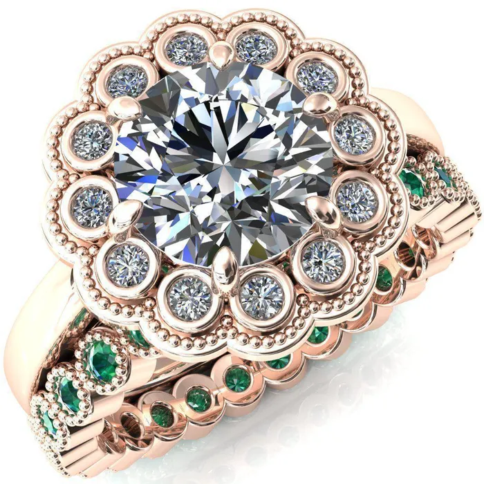 Zinnia Round Center Stone 6 Prongs Milgrain Halo Accent Diamonds Emerald Ring Fire Brilliance Rings