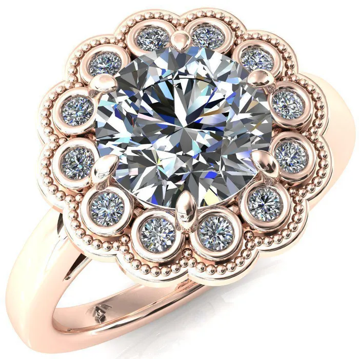 Zinnia Round Center Stone 6 Prongs Milgrain Halo Accent Diamonds Emerald Ring Fire Brilliance Rings