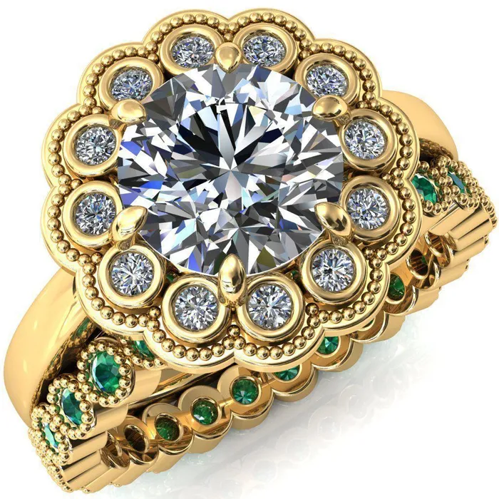 Zinnia Round Center Stone 6 Prongs Milgrain Halo Accent Diamonds Emerald Ring Fire Brilliance Rings