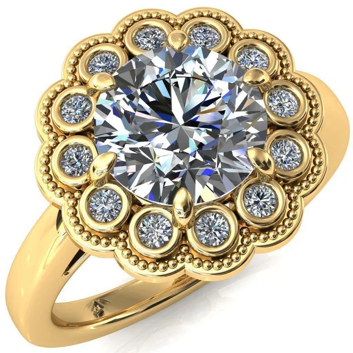 Zinnia Round Center Stone 6 Prongs Milgrain Halo Accent Diamonds Emerald Ring Fire Brilliance Rings