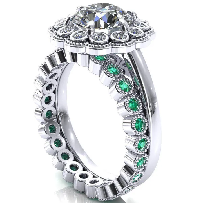 Zinnia Round Center Stone 6 Prongs Milgrain Halo Accent Diamonds Emerald Ring Fire Brilliance Rings