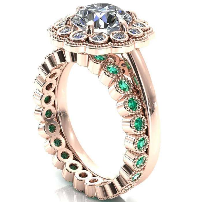 Zinnia Round Center Stone 6 Prongs Milgrain Halo Accent Diamonds Emerald Ring Fire Brilliance Rings